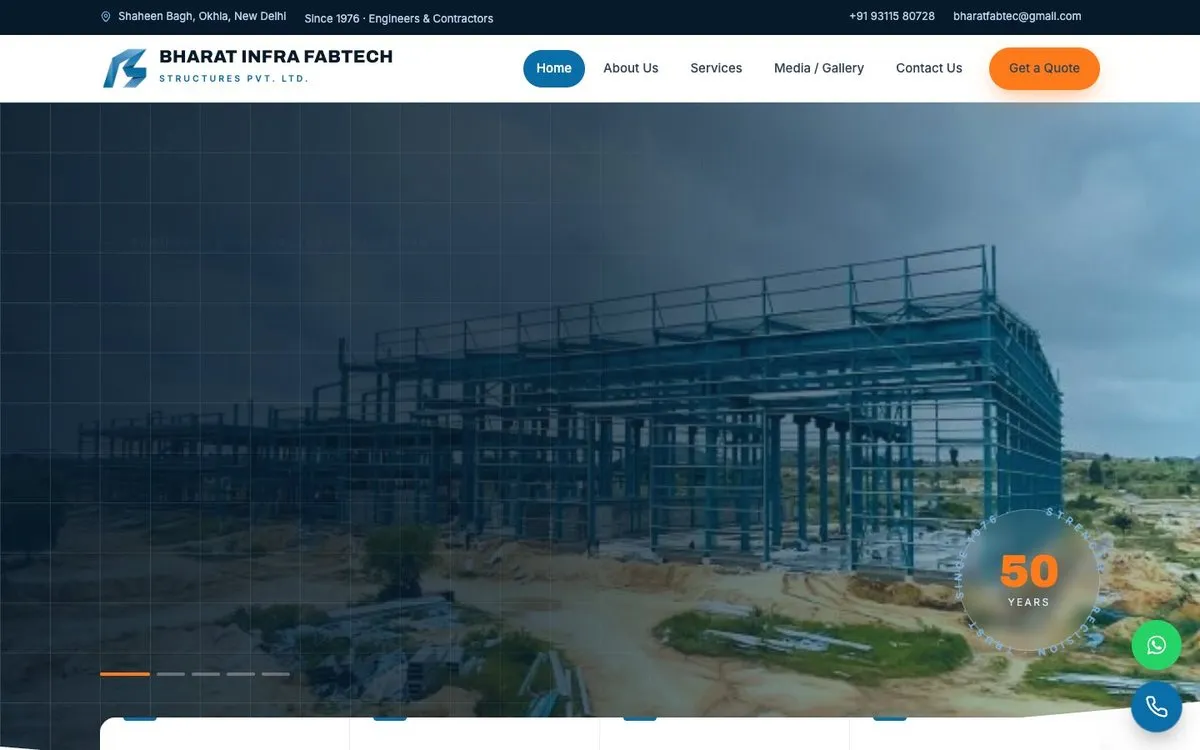 Bharat Infra Fabtech Structures website homepage, custom-coded by Lavaka Digital